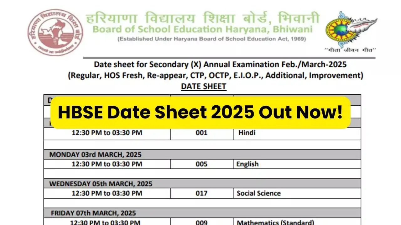 HBSE 10th & 12th Class Date Sheet 2025