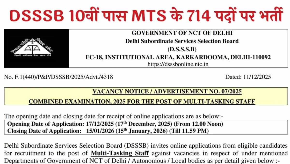 DSSSB MTS Recruitment 2025-26