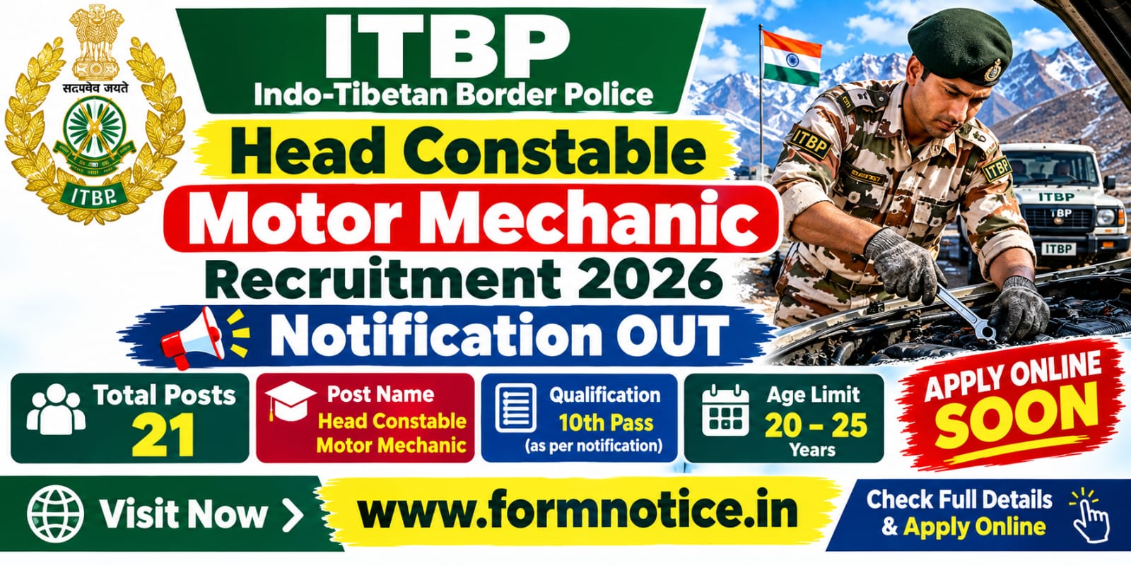ITBP Head Constable Motor Mechanic Recruitment 2026